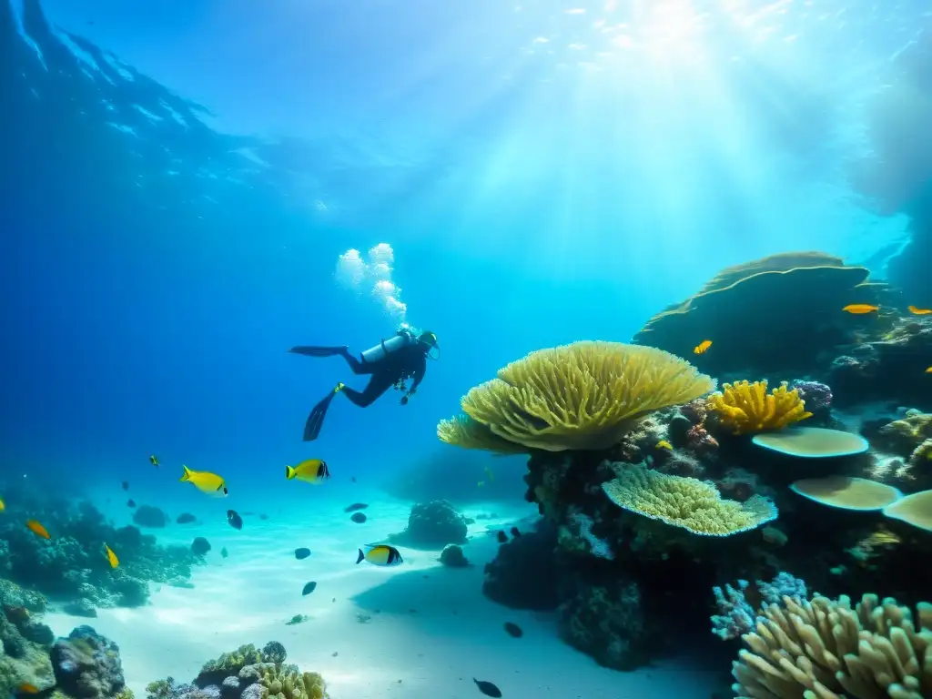 Imagen serena de buceo consciente en la costa de Australia, con corales vibrantes y peces coloridos bajo el cálido resplandor del sol