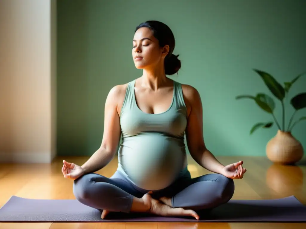 Imagen serena de una mujer embarazada practicando respiración profunda con aromaterapia para embarazo en un ambiente minimalista y tranquilo