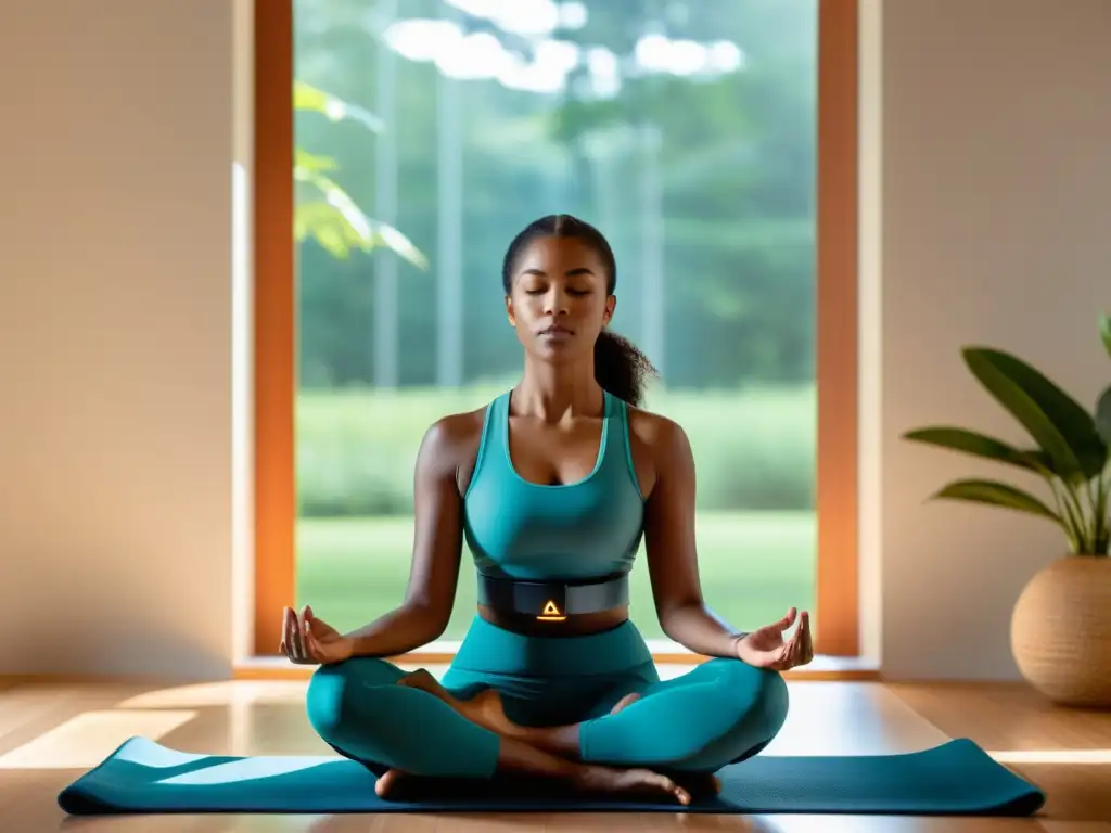 Una imagen serena de una persona usando un elegante entrenador de respiración para meditación, en un espacio tranquilo y contemporáneo con luz natural