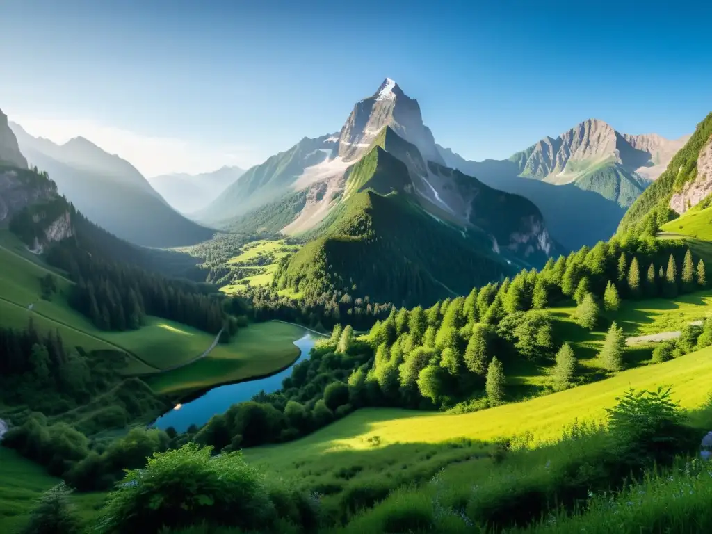 Imagen de montaña serena con picos imponentes, vegetación exuberante y cielo azul claro