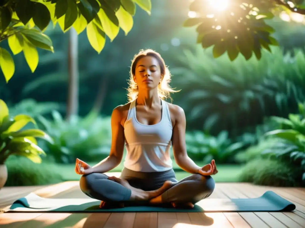 Imagen serena de meditación en yoga, rodeada de naturaleza, transmitiendo tranquilidad y conexión con estrategias efectivas manejo dolor respiración