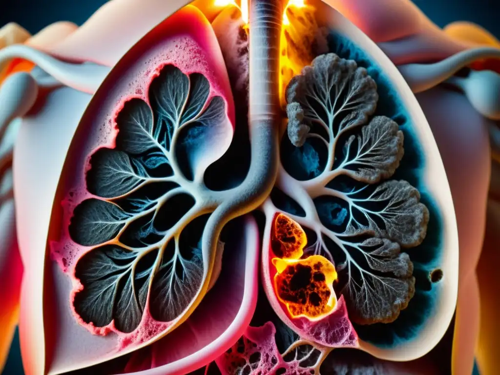 Un impactante contraste entre pulmones sanos y dañados, ilustrando la recuperación pulmonar para fumadores