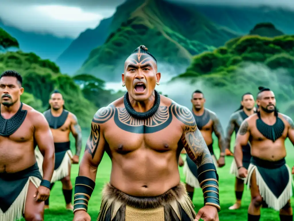 Una impactante imagen en 8k detalla a un anciano maorí realizando un haka con guerreros, mostrando la intensidad del ritual