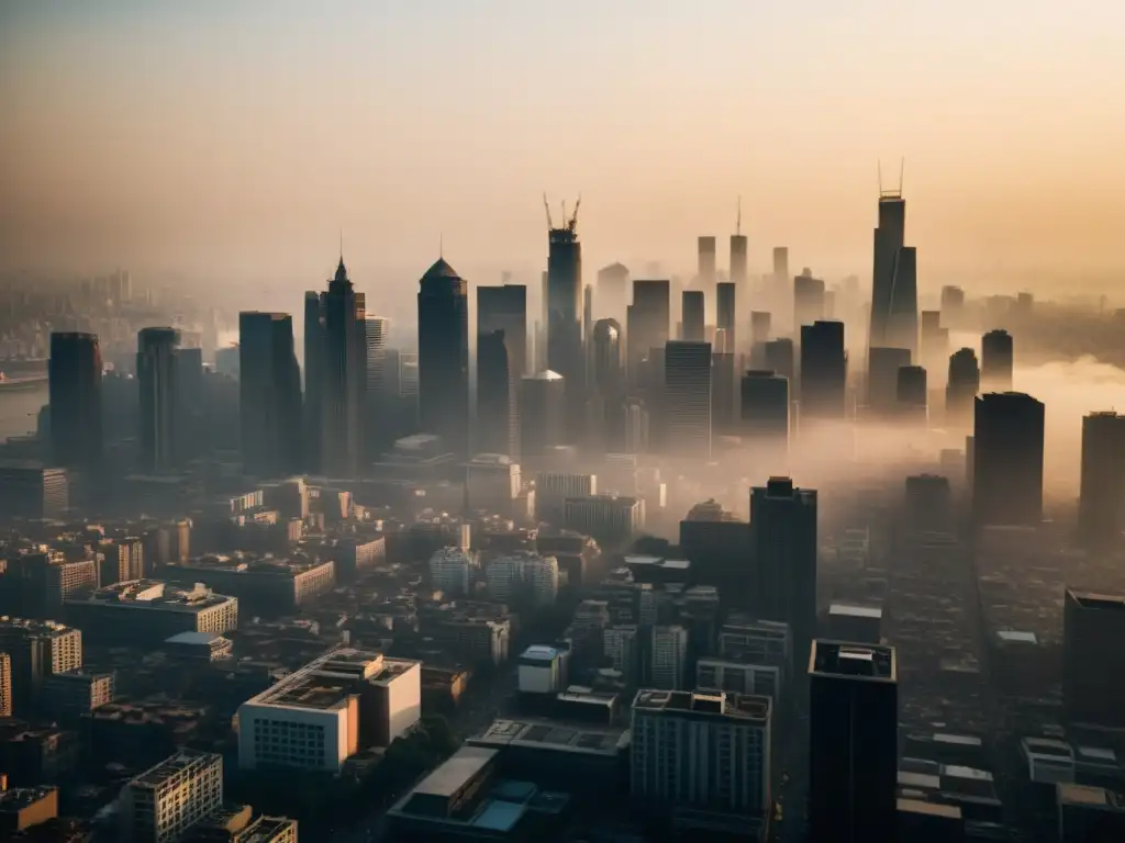 Una impactante imagen 8k de una ciudad llena de smog, donde los cambios climáticos afectan la respiración urbana