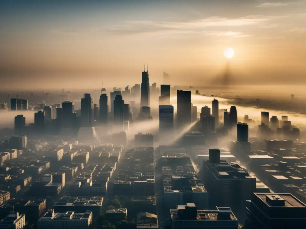 Una impactante imagen de un horizonte urbano cubierto por una densa capa de smog, representando la relación directa asma cambio climático