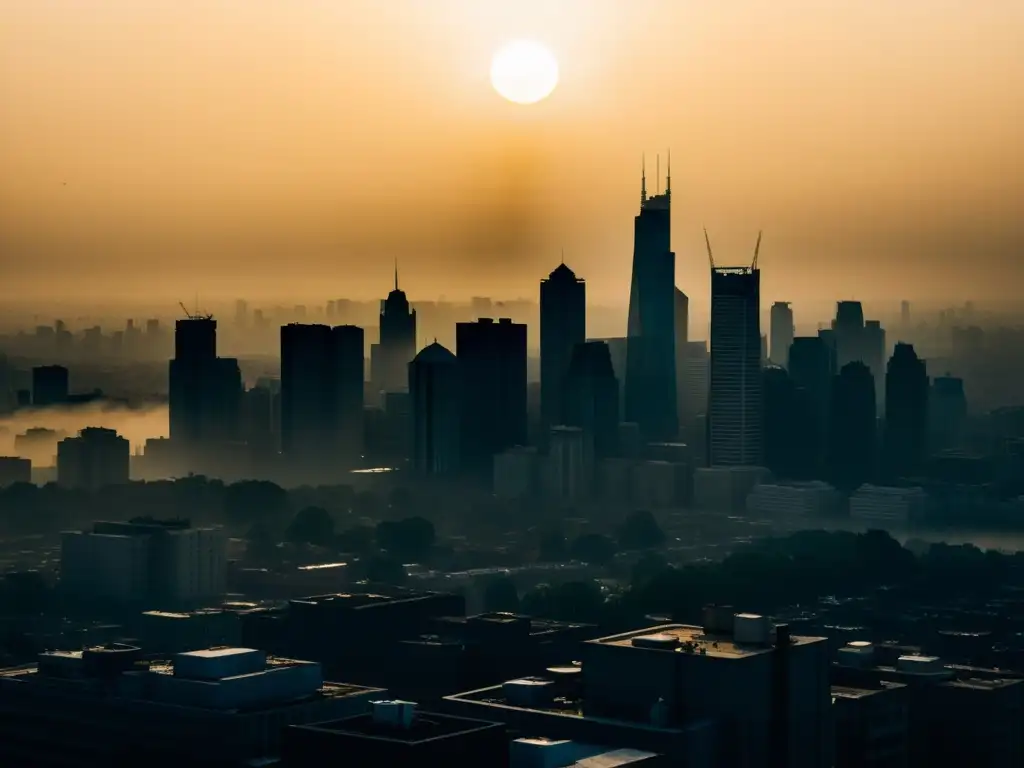 Una impactante imagen de un horizonte urbano cubierto por una densa capa de smog, con el sol apenas visible