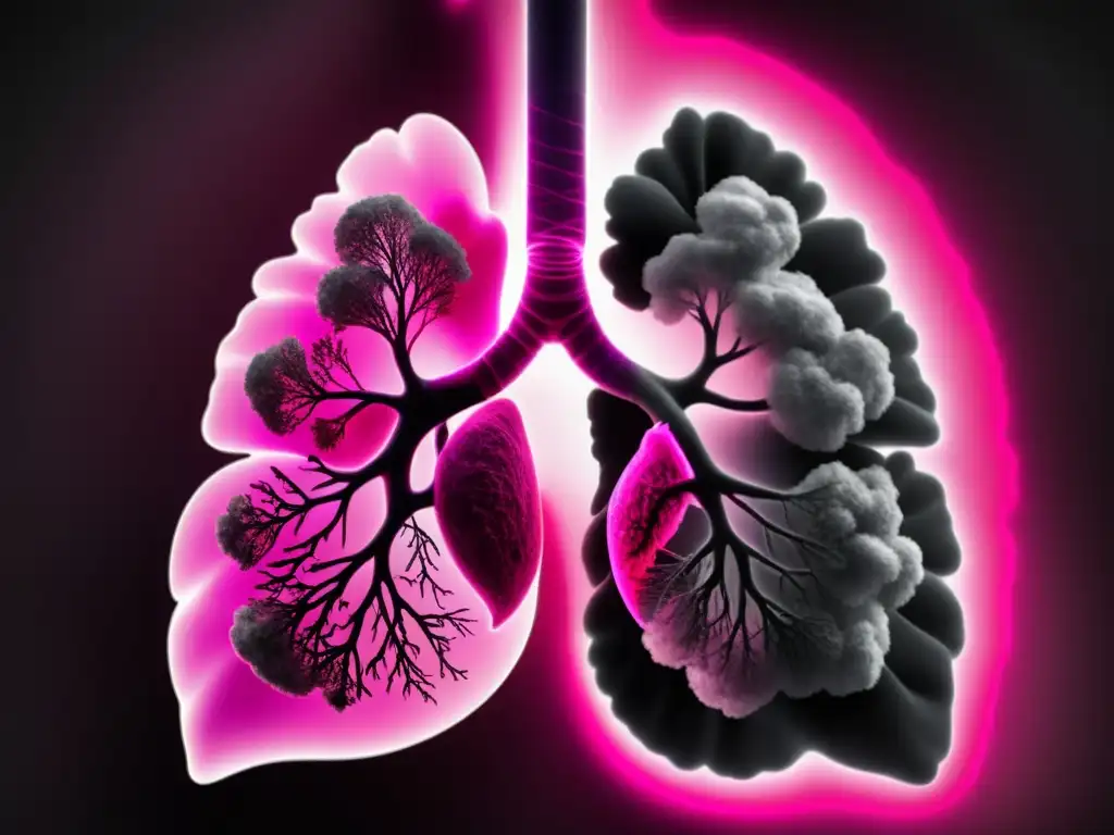 Comparación impactante entre pulmones saludables y contaminados, resaltando los efectos de la contaminación ambiental en la salud pulmonar