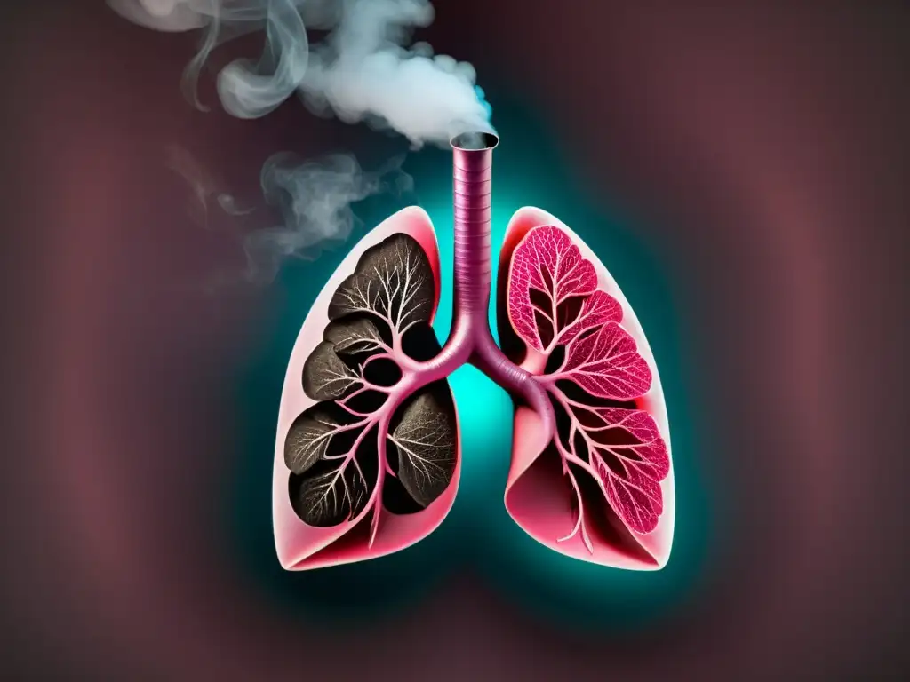 Comparación impactante entre pulmones saludables y pulmones manchados de alquitrán, resaltando la importancia de la salud pulmonar para fumadores