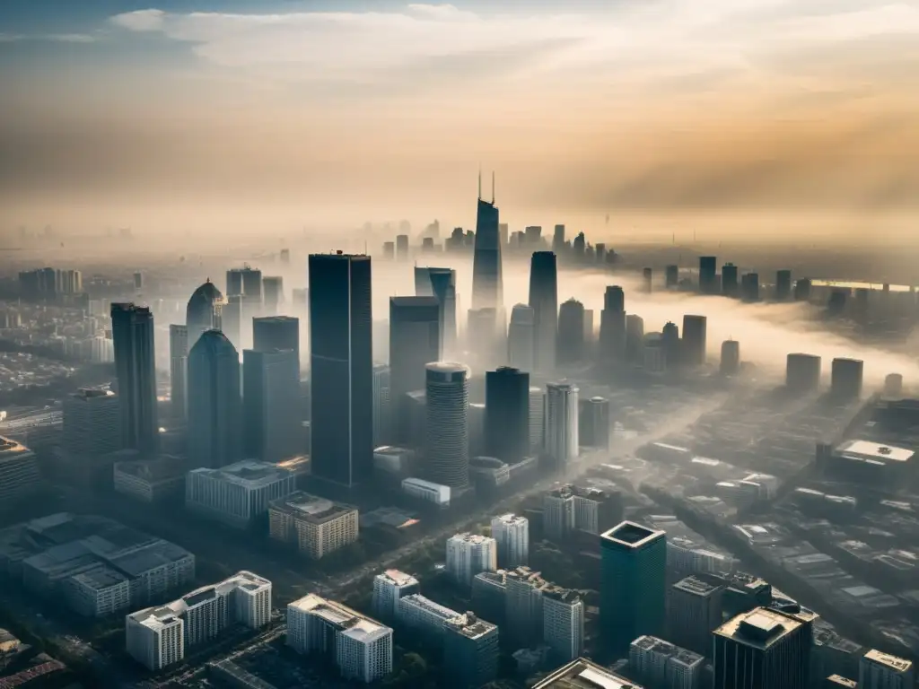 La impactante vista aérea de la ciudad envuelta en una capa de smog, reflejando el impacto de incendios y derrames en la calidad del aire