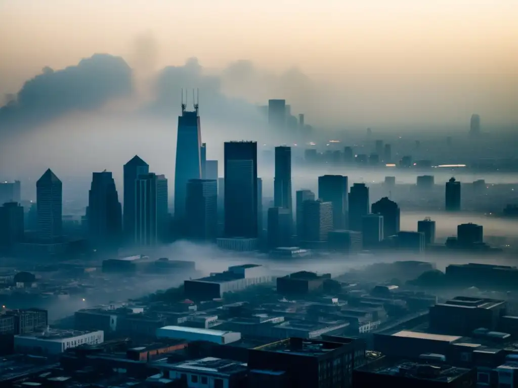 Imponente ciudad envuelta en espesa neblina tóxica, mostrando cómo los cambios climáticos afectan la respiración en entornos urbanos