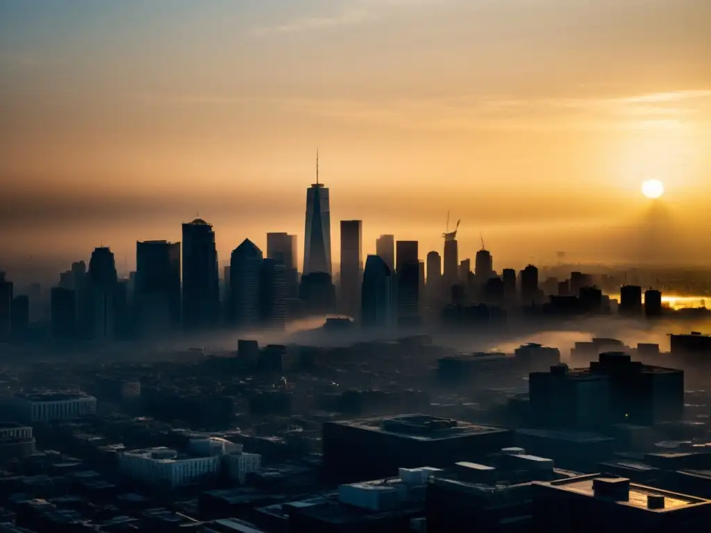 Imponente ciudad envuelta en smog, el sol lucha por atravesar el aire contaminado, mostrando los efectos del cambio climático en la calidad del aire