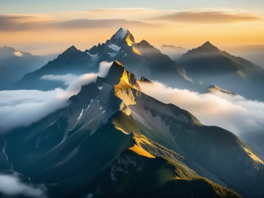 Imponente cordillera envuelta en niebla con el sol filtrándose, brindando beneficios salud respiratoria altitud