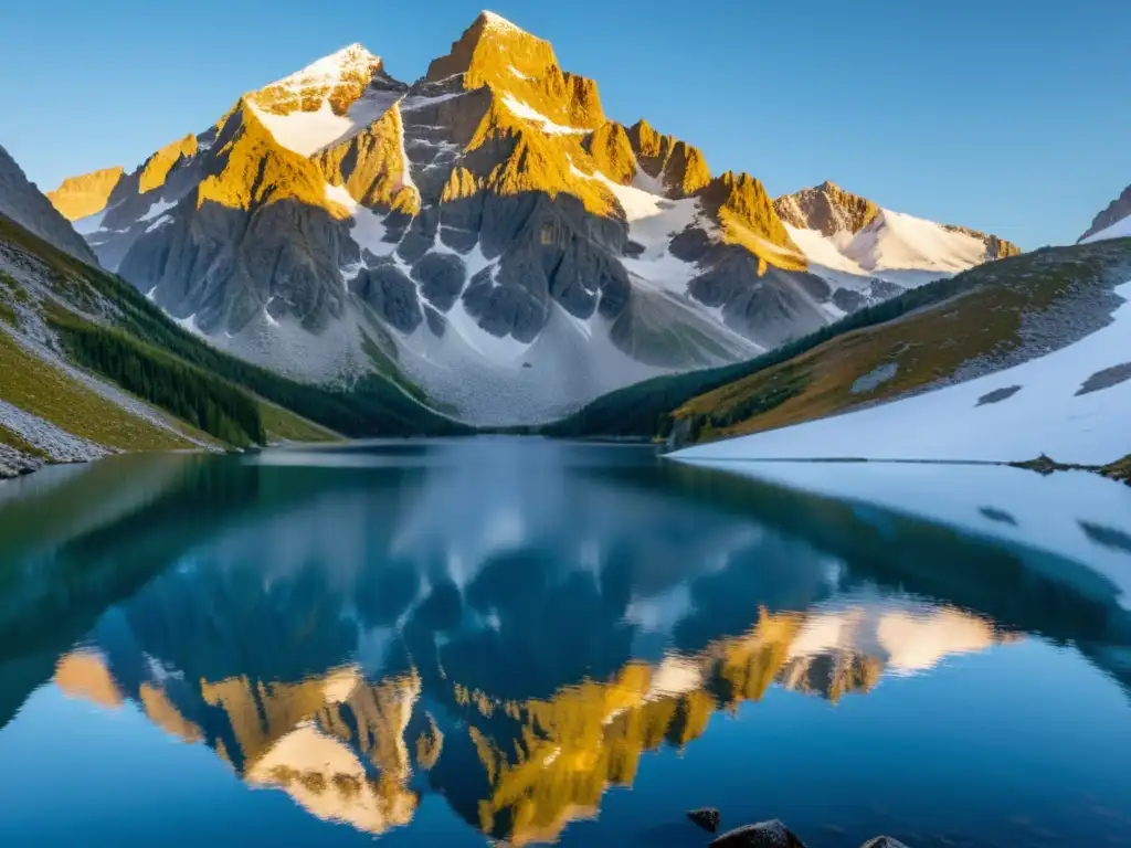 Un imponente pico nevado se alza hacia un cielo azul claro, bañado por el sol dorado