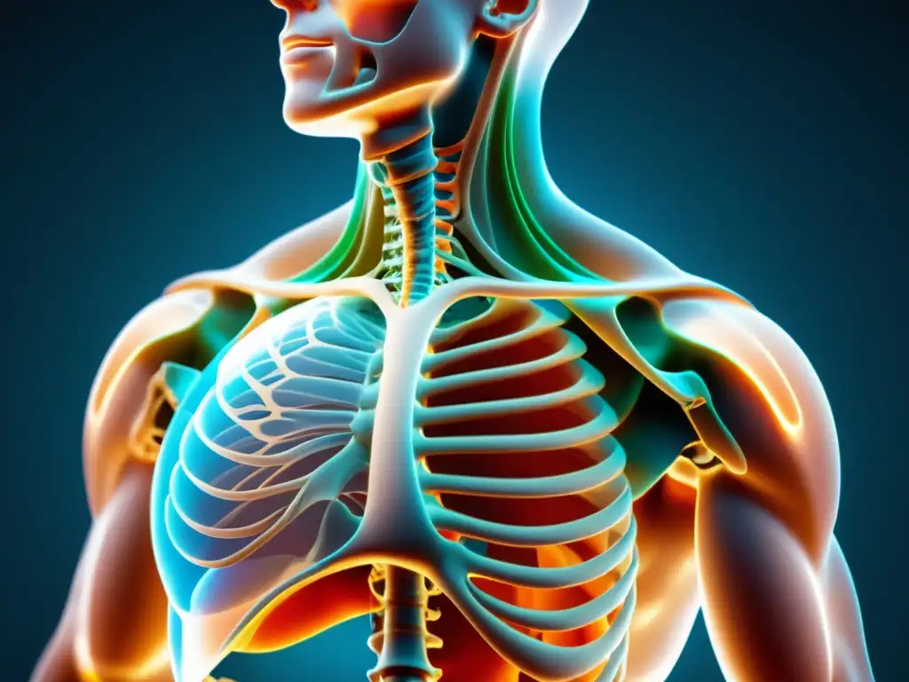 Impresionante imagen de la biomecánica de la respiración y postura, detallando el diafragma y la caja torácica en acción