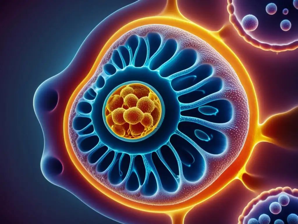 Una impresionante imagen en 8k de una célula humana en la respiración celular, destacando organelos y procesos vitales