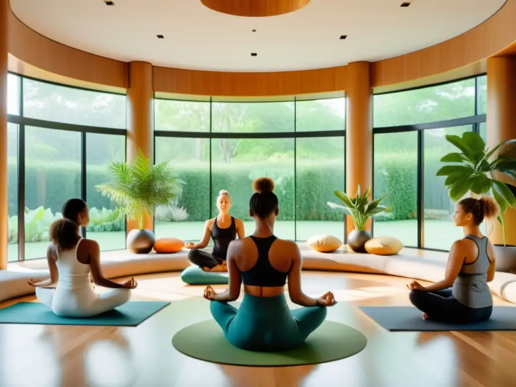 Influencers promoviendo técnicas de respiración en un estudio de yoga moderno y sereno con luz natural