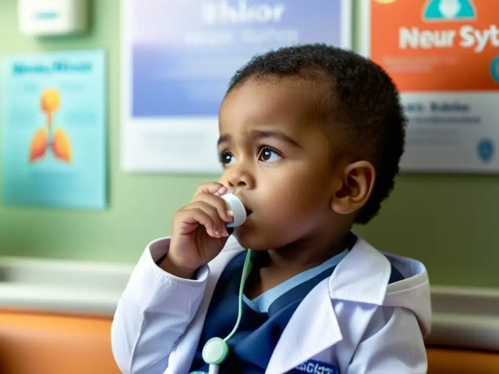 Niño usando inhalador en consulta médica para mejorar la respiración en niños con alergias