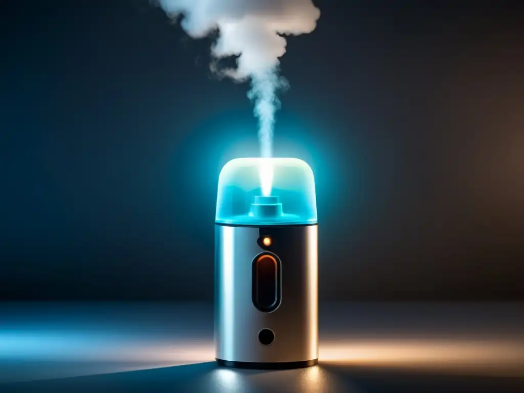 Un inhalador futurista libera una fina niebla de medicación, con una iluminación suave