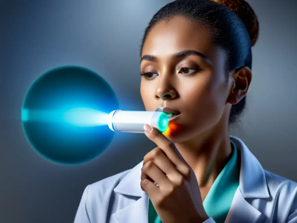 Un inhalador futurista con una luz suave y metálicos brillantes, demostrado por un profesional de la salud