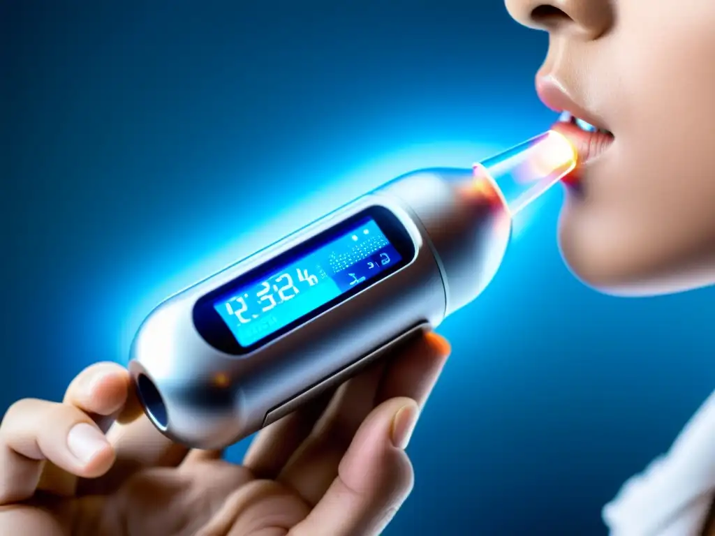 Un inhalador inteligente para asma de diseño futurista con tecnología avanzada y detalles internos visibles, iluminado con luz azul suave