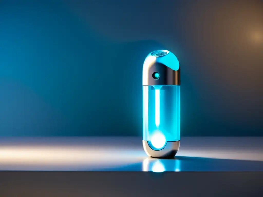 Un inhalador moderno y elegante emite una suave luz, en un entorno futurista limpio