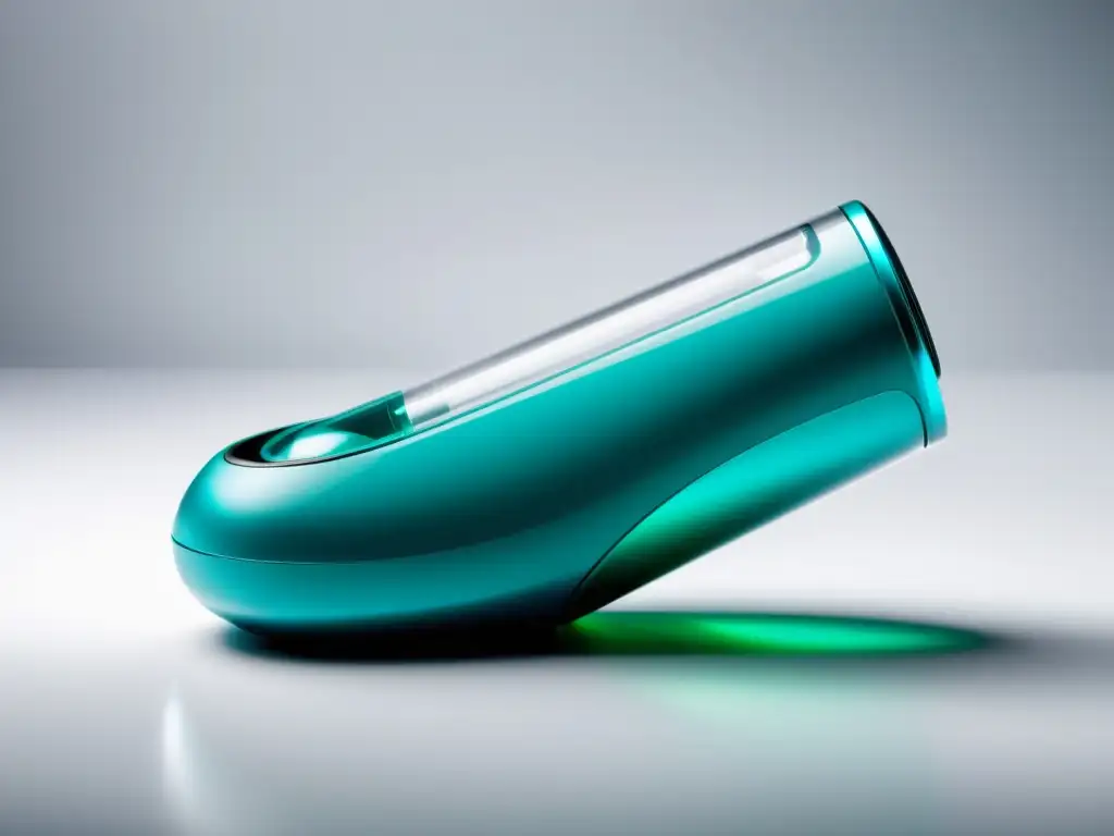 Un inhalador moderno y elegante con tecnología de dosis personalizada, destacando su diseño futurista y avanzado