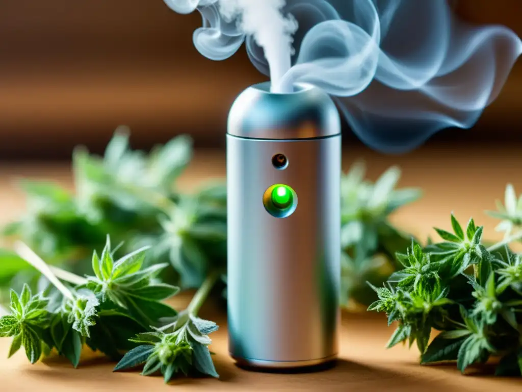 Inhalador herbal moderno rodeado de vapor aromático, destacando tecnología innovadora y componentes naturales