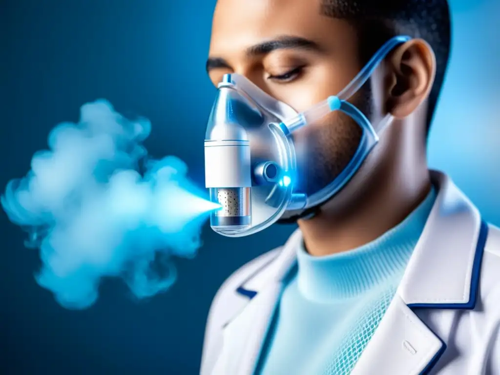 Un inhalador transparente emite un suave vapor azul