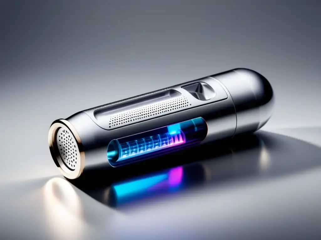 Un inhalador de vanguardia con diseño ergonómico y acabado metálico futurista, iluminado por luz natural