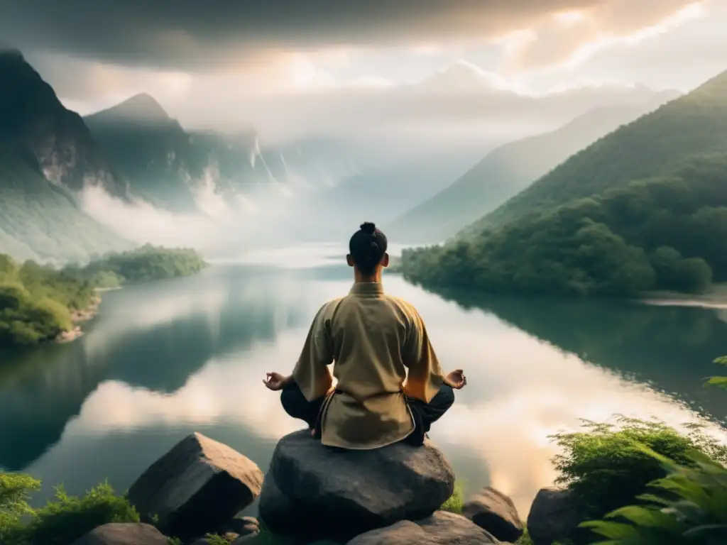 Un instructor de artes marciales medita en un acantilado con vista a un lago tranquilo, rodeado de montañas brumosas