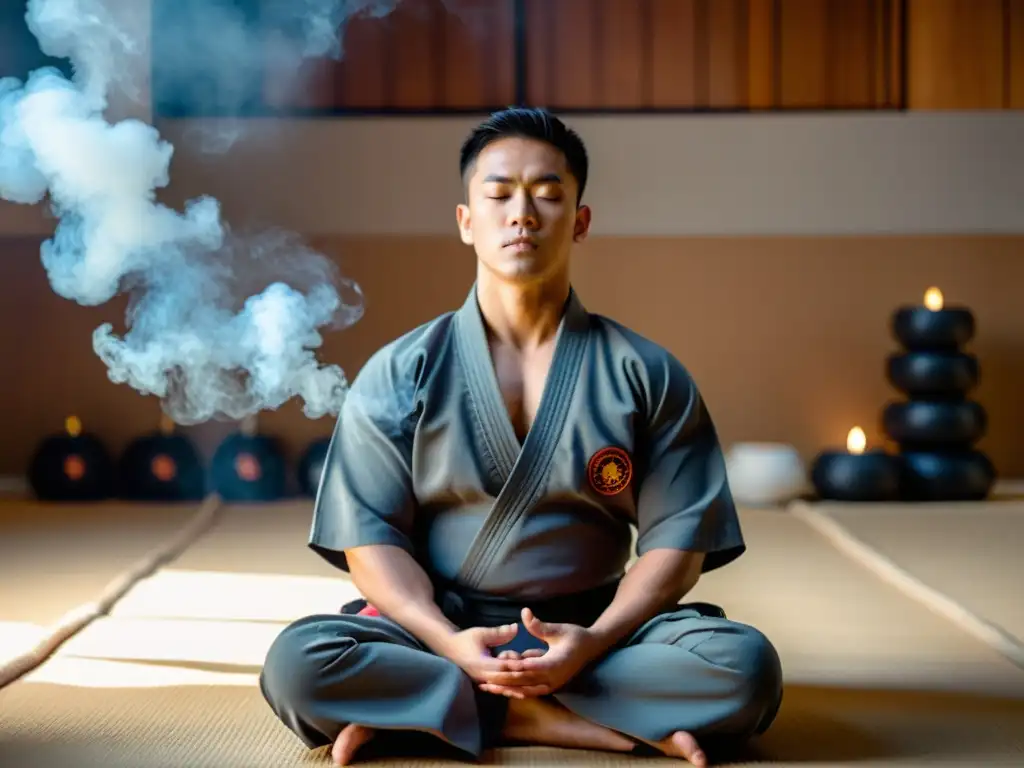 Maestro de artes marciales: Mindfulness y respiración Un instructor de artes marciales en un dojo sereno, mostrando técnicas de respiración con fuerza y tranquilidad