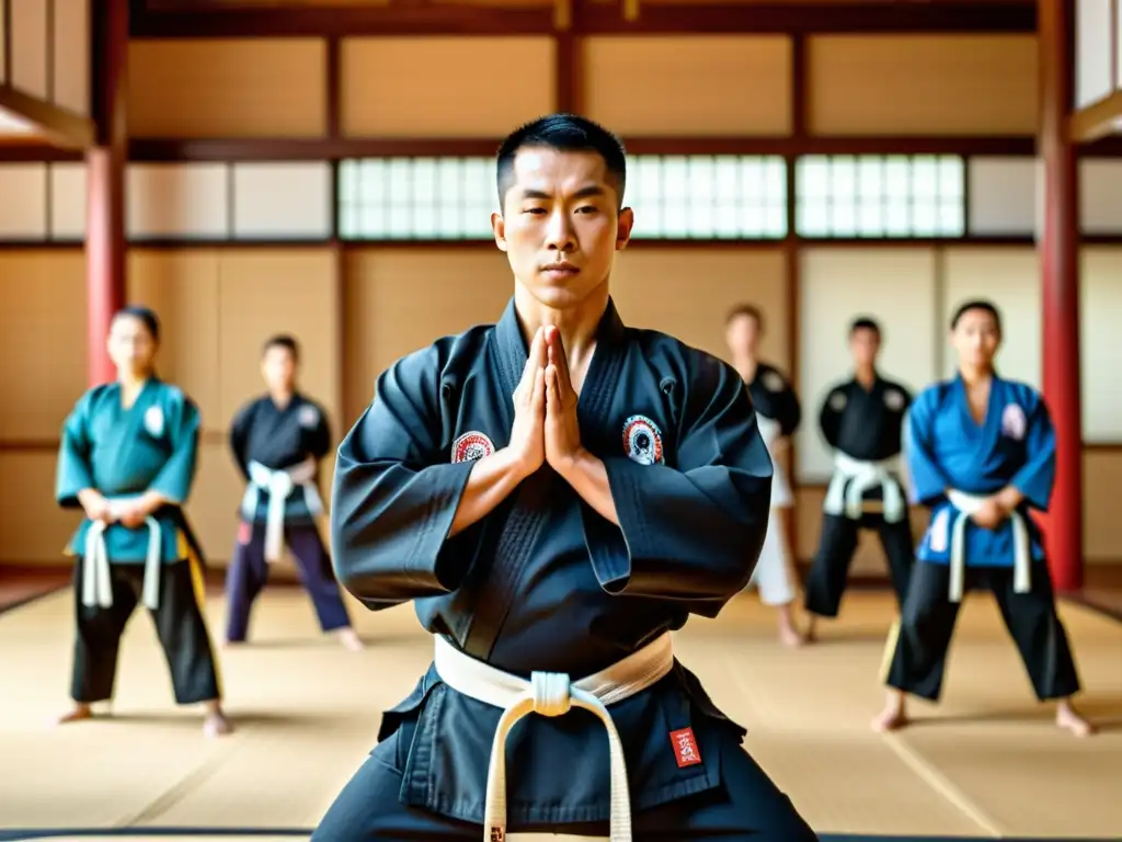 Un instructor de artes marciales muestra rutinas de respiración, mientras los estudiantes aprenden con atención en un dojo sereno