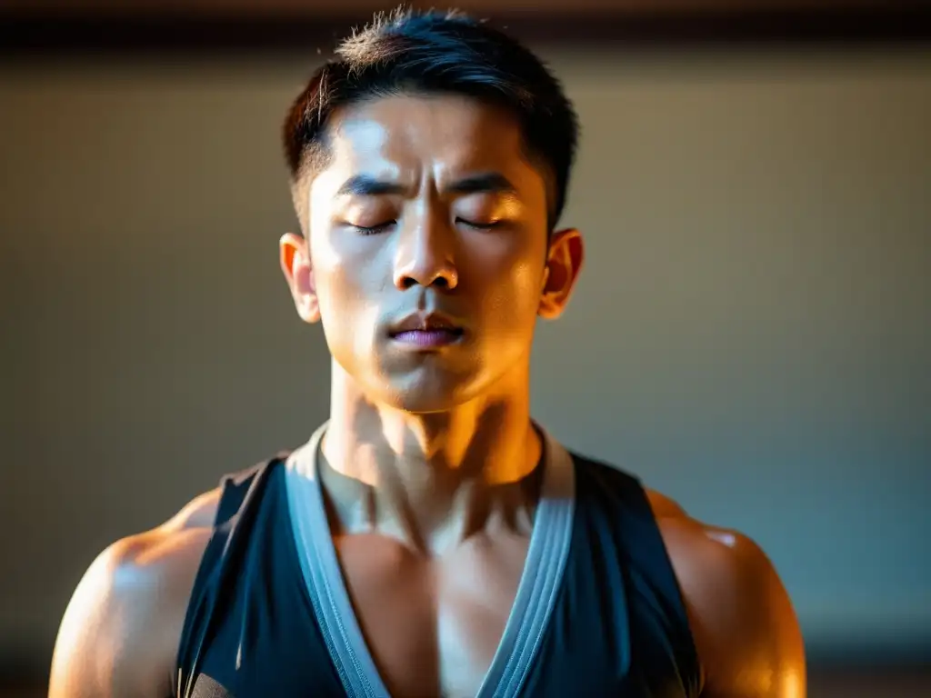 Maestro de artes marciales demostrando técnica de respiración profunda Un instructor de artes marciales demuestra técnicas de respiración profunda con concentración y calma en un dojo sereno