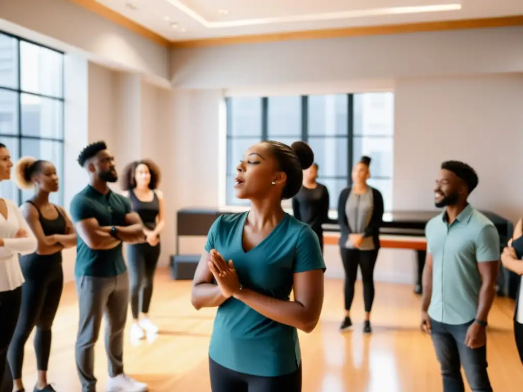 Un instructor de canto profesional enseña técnicas de respiración a cantantes y actores en un ambiente cálido y educativo