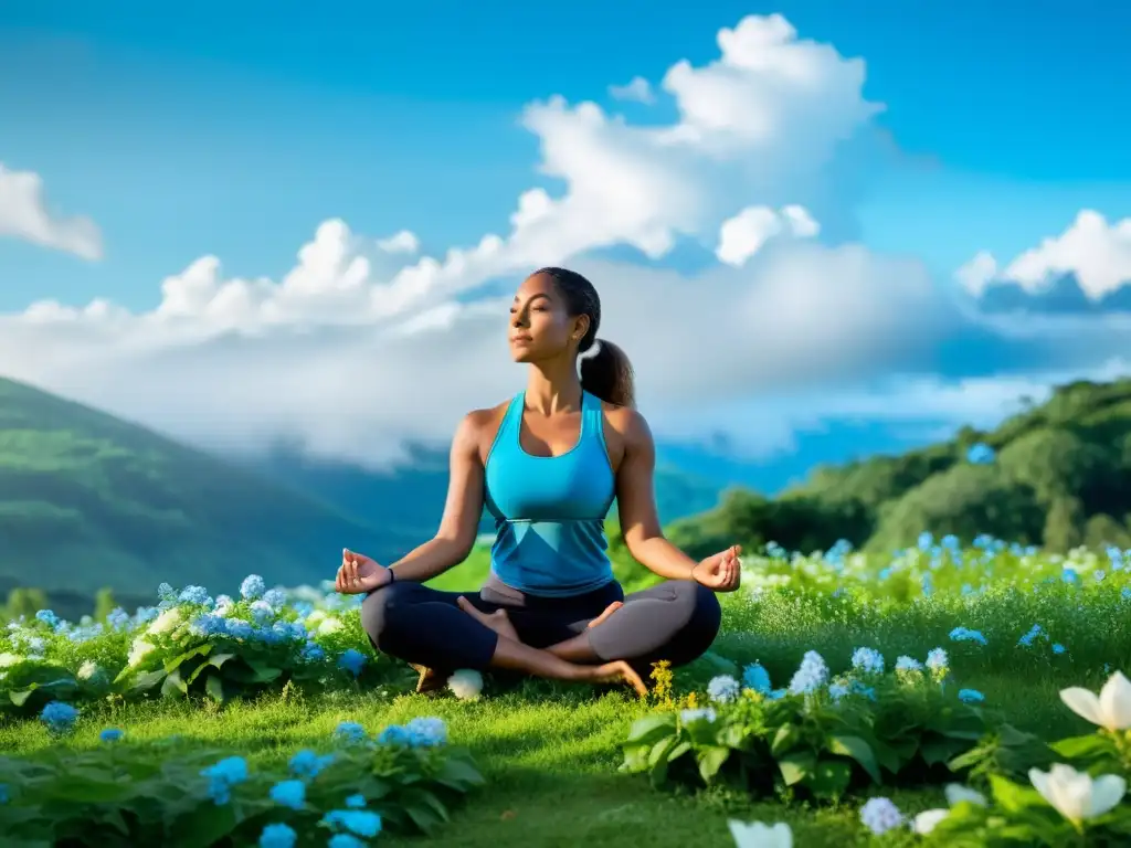 Un instructor de yoga en la cima de una colina verde rodeado de flores y árboles, con un wearable especializado en respiración para yoga