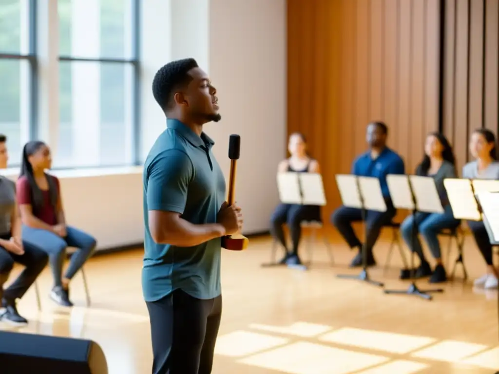 Un instructor guía a estudiantes de música en una clase, destacando la importancia de la respiración en música