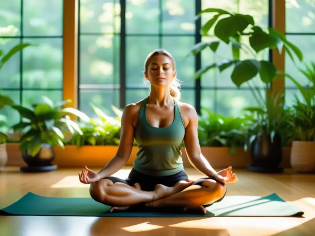 Un instructor de yoga en un estudio soleado, transmitiendo tranquilidad con su postura y respiración consciente en entrenamiento flexibilidad