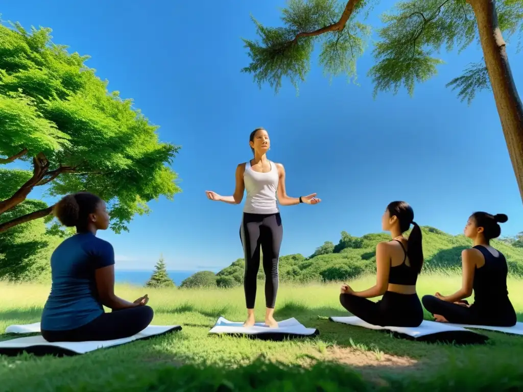 Un instructor profesional lidera una clase de respiración consciente al aire libre, transmitiendo calma y confianza