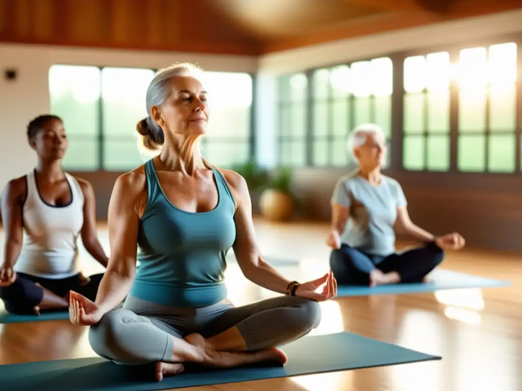 Un instructor de yoga sereno guía a un grupo de adultos mayores en una técnica de respiración yóguica adaptada, en un estudio cálido y tranquilo iluminado por el sol de la mañana