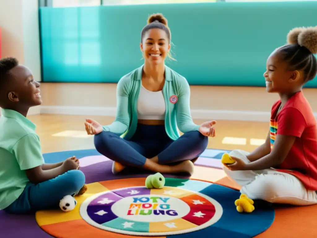 Un instructor guía a niños en técnicas de respiración para niños en un ambiente cálido y educativo, rodeados de luz natural y colores vibrantes