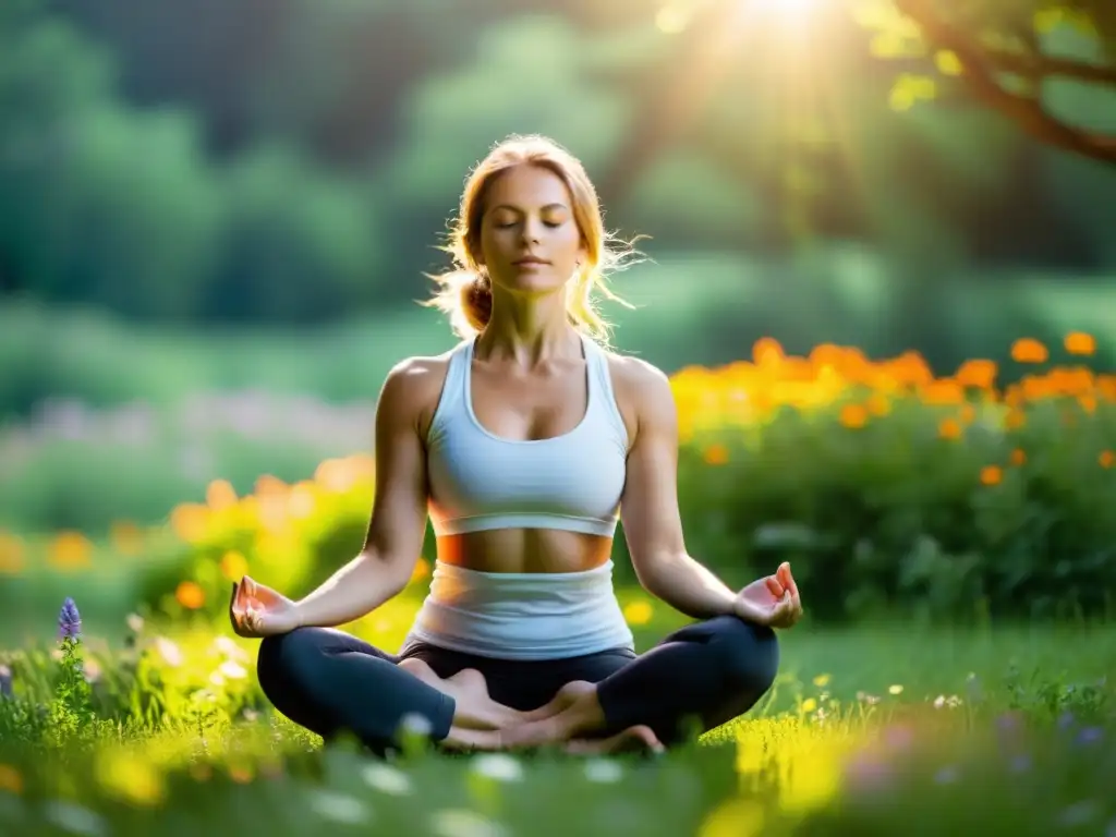 Un instructor de yoga tranquilo practica pranayama en un prado verde rodeado de flores silvestres