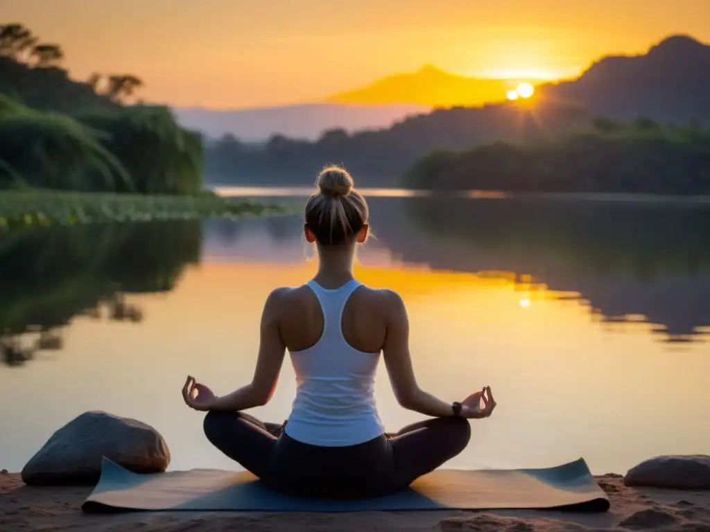 Una instructora de yoga en loto junto a un lago tranquilo al amanecer, reflejando los tonos dorados del cielo