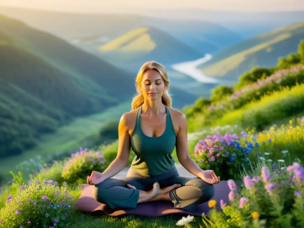 Una instructora de yoga serena medita en la cima de una montaña verde exuberante, rodeada de flores silvestres y con vistas a un valle pacífico