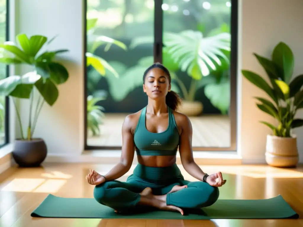 Una instructora de yoga serena guía una clase virtual de nadi shodhana, rodeada de vegetación exuberante y luz natural