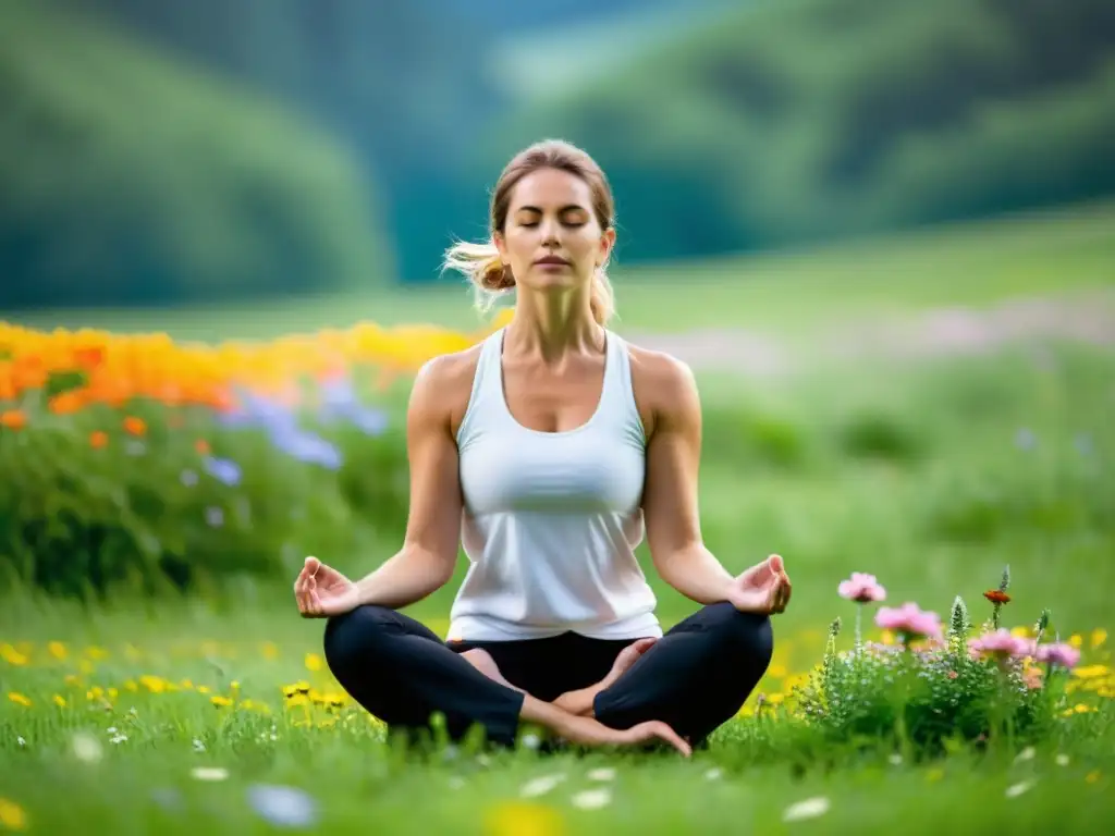 Una instructora de yoga serena enseña la técnica de Pranayama a principiantes en un prado verde y florido, transmitiendo calma y expertise