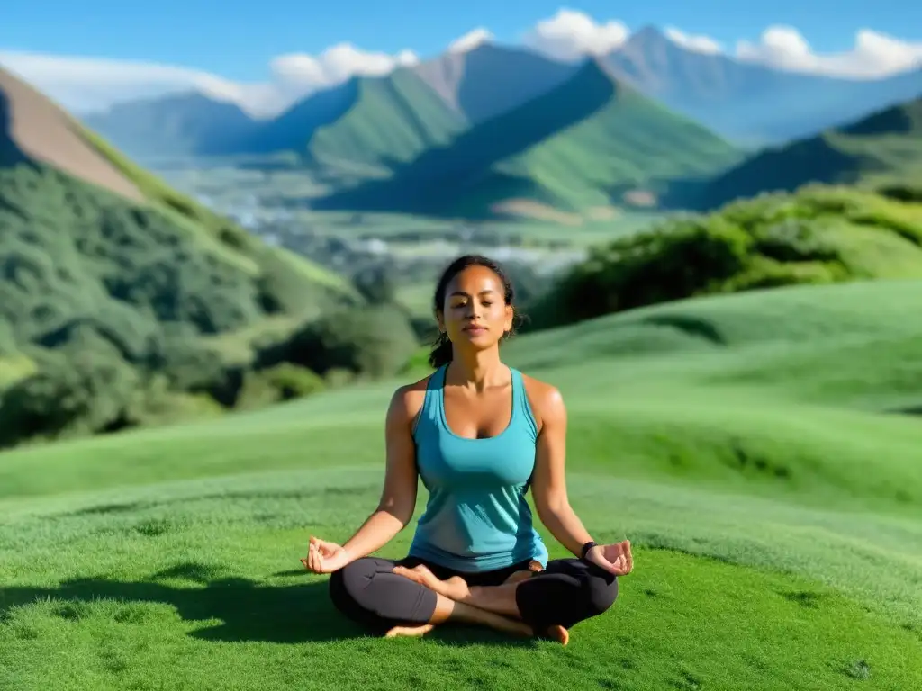 Una instructora de yoga guía una sesión de respiración consciente en un paisaje sereno de montaña y cielo azul