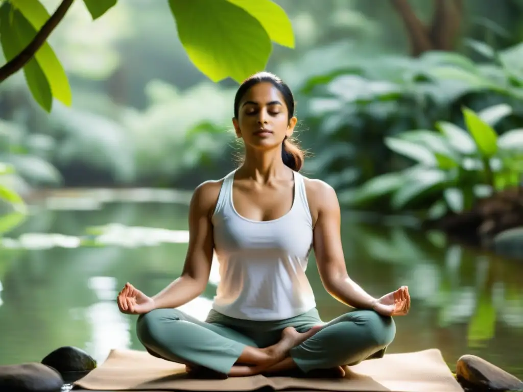 Una instructora de yoga tradicional india lidera una práctica al aire libre, rodeada de exuberante vegetación y agua