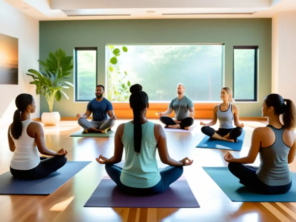 Integración de contenidos para mindfulness en un aula moderna y acogedora, con estudiantes adultos practicando ejercicios de respiración consciente en círculo