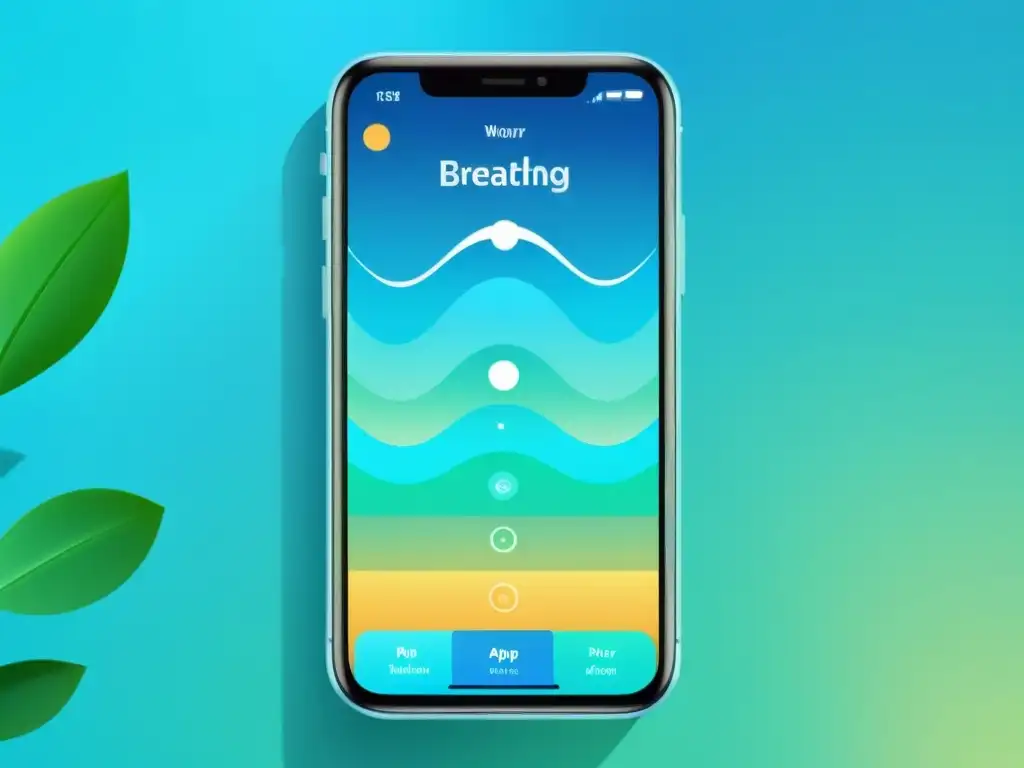 Interfaz de app de ejercicios de respiración con patrones animados y diseño minimalista, rodeado de plantas