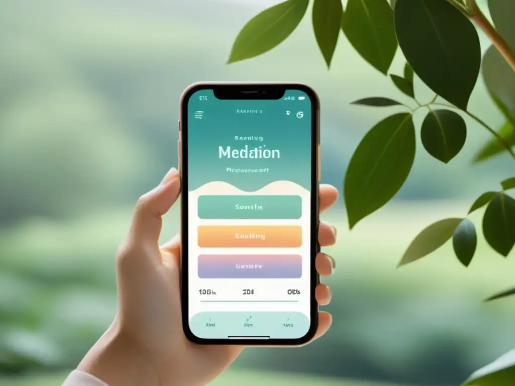 Interfaz de app de meditación y respiración con colores pastel, diseño minimalista y naturaleza serena